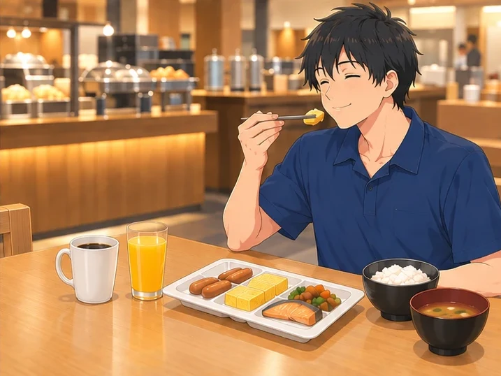 朝食をほおばる